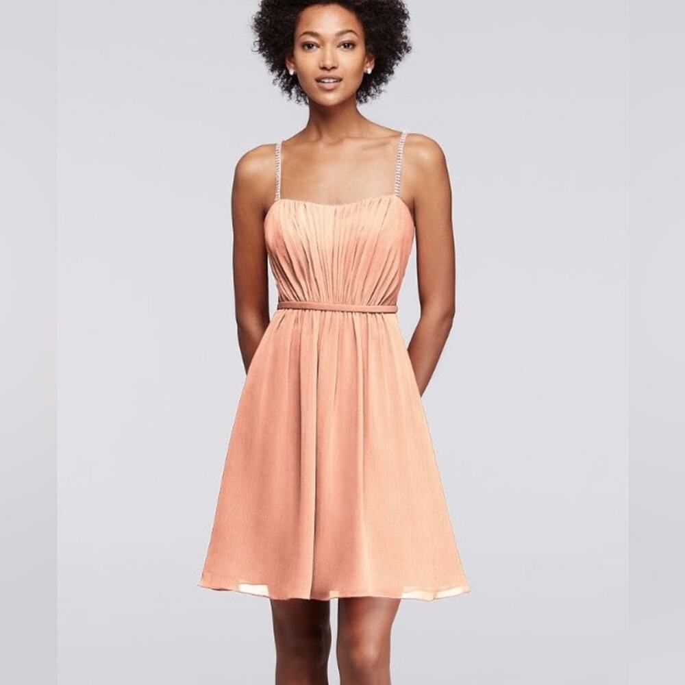 David's Bridal Short Peach Chiffon Dress with Rhinestone Straps Size 10 NEW - Picture 1 of 10